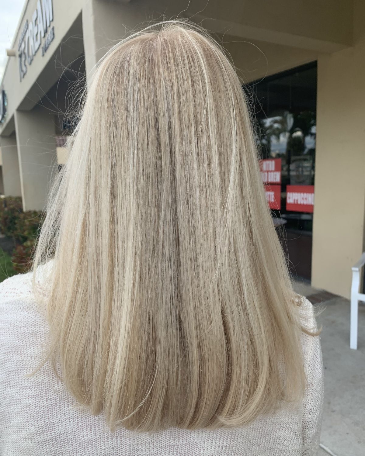 Cool platinum blonde worn straight and glossy — Toucheé Organic Salon, Juno Beach
